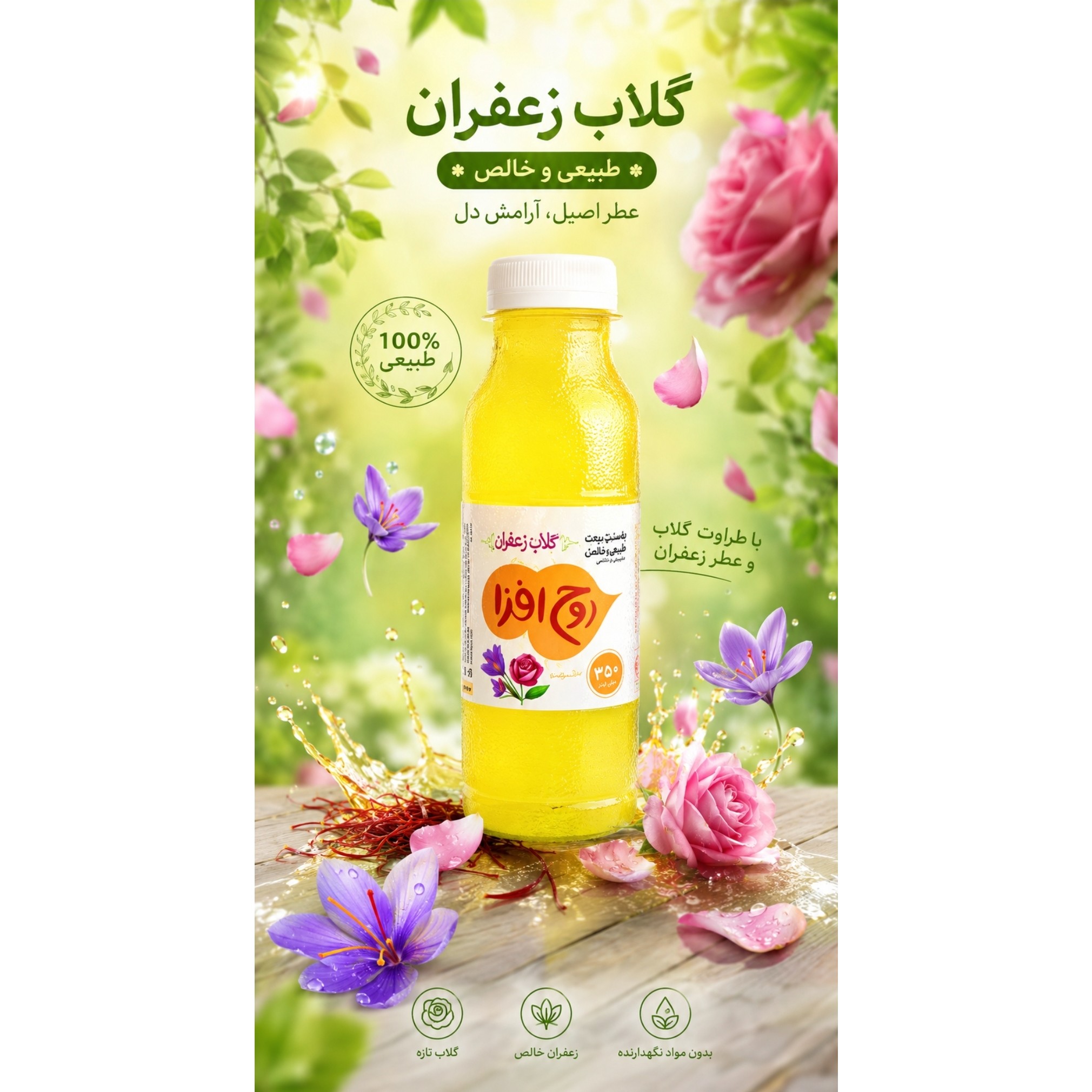 نوشیدنی عرقیجات بطری 300 سی سی روح افزا با طعم گلاب زعفران کارتن 24 عددی